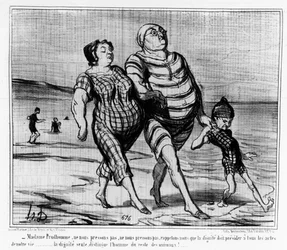 Na kąpielach morskich: paryska rodzina spacerująca po plaży - by Daumier, w „”Charivari””