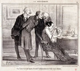 Kreskówka o kolekcjonerach sztuki. Seria „”Potichomania””: „”Fałszywy wazon z Japonii podziwiający trzech Chińczyków”. Grawerowanie autorstwa Honore DAUMIER (1808-1879). Wyciąg z gazety „Le Charivari””