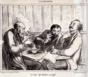 Kreskówka o pisarzach wierszy. Seria „”A la brasserie””: „”Kącik spustoszonych poetów”””. Grawerowanie autorstwa Honore DAUMIER (1808-1879). Wyciąg z gazety „Le Charivari”” 7 stycznia