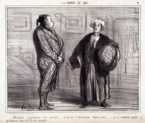 Kreskówka o nauce. Serie „” On the Comete of 1857””: „” Mossieu, zostawiam twoją służbę...”” Grawerowanie autorstwa Honore DAUMIER (1808-1879). Wyciąg z gazety „Le Charivari” z 13 marca