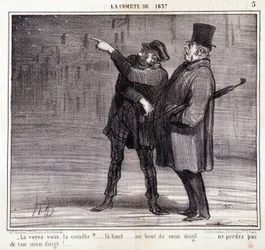 Kreskówka o nauce. Serial na temat „”Komety 1857”: „”Widzisz komitet?...” Złodziej odwraca uwagę ofiary. Grawerowanie autorstwa Honore DAUMIER (1808-1879). Wyciąg z gazety „Le Charivari”” 19 marca