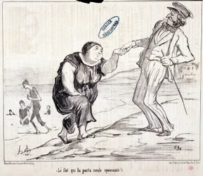 Kreskówka o turystach na wakacjach. Serie „” Axe Bains de Mer: „” Powódź, która przyniosła to z powrotem przerażające! Grawer „” Honore DAUMIER (1808-1879). Wyciąg z gazety „Le Charivari””