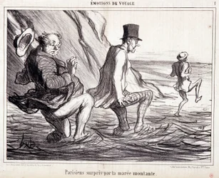 Kreskówka o turystach na wakacjach. Seria „” Axe Bains de Mer: „” Podróżnicze emocje. Paryżanka złapana przez wschodzącą klacz””. Grawerowanie autorstwa Honore DAUMIER (1808-1879). Wyciąg z gazety „Le Charivari” z 8 października