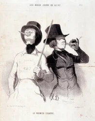 Kreskówka o młodym Dandysie. Seria „Piękne dni życia”: „Pierwsze cygaro”. Grawerowanie autorstwa Honore DAUMIER (1808-1879). Wyciąg z gazety „Le Charivari” z dnia 31 grudnia 1843 wym. 37x25cm Inv 1089 - box 8 N¡2. Marsylia, Musee des Beaux