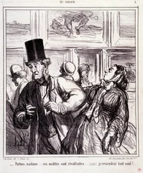 Karykatura o miłośnikach sztuki: Serie „”Au salon””: Zostawmy panią... te nagości to buntownicy... wrócę sama”” Grawer Honore DAUMIER (1808-1879). Wyciąg z gazety „Le Charivari” z 5 maja