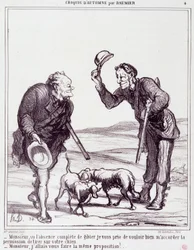 Karykatura o myśliwych: Seria „”Jesienny szkic””: „”Proszę pana, z uwagi na całkowity brak zwierzyny, proszę o pozwolenie na zastrzelenie pana psa...”” Grawer Honore DAUMIER (1808-1879). Wyciąg z gazety „Le Charivari” z 28 września