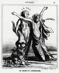 Europa i pokój: wyjątkowy pocałunek. Ilustracja Honoré Daumiera (1808-1879), opublikowana w dziale wiadomości „Le Charivari”, datowana na 1 kwietnia