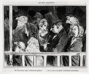 Dobrzy paryżanie: paryżanie oczekujący rozrywki, dwie godziny w kolejce przed jakimś teatrem. Ilustracja Honoré Daumiera (1808-1879), opublikowana w „Le Charivari”, datowana na 5 marca
