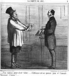 Nie chcę twojego biletu... wypłata jest 15 czerwca, a świat kończy trzynaście!... : seria zaczerpnięta z „” la comete de 19857””, autorstwa Honore Daumier (1808-1879). „Charivari”