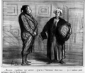 Mossieu, opuszczam twoją służbę... Nie chciałem być na końcu świata!... Karykatura Honore Daumiera (1808-1879). „Charivari”