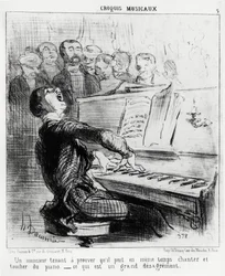 Szkice muzyczne: dżentelmen, który chce udowodnić, że potrafi jednocześnie śpiewać i dotykać fortepianu, co jest bardzo haniebne. Ilustracja Honore Daumiera (1808-1879), opublikowana w „Charivari” z 17 lutego 1852 r.