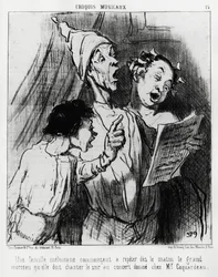 Szkice muzyczne: rodzina melomanów zaczyna rano powtarzać wielką piosenkę, którą musieli zaśpiewać wieczorem na koncercie, podarowanym panu Coquardeau. Illustration d