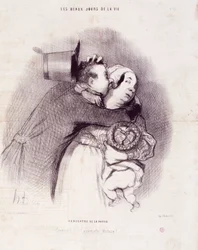 Cykl „Piękne Dni Życia””: Spotkanie wsi...””. Grawerowanie autorstwa Honore DAUMIER (1808-1879). Wyciąg z gazety „Le Charivari” z 8 września