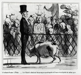 Ogród roślin w Pekinie: Chińczycy podziwiający czworonoga Francji i bipnięcie tego samego kraju. Ilustracja Honore Daumiera (1808-1879), opublikowana w „Charivari”, China Actualites