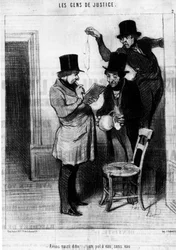 Schwytaliśmy dito... dzbanek na wodę, bez wody..., zaczerpnięty z serii karykatur „Gens de Justice” Honore Daumiera o sprawiedliwości (1808-1879). „Charivari”