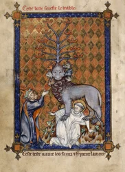 Dodać. 54180, f.14v Bestia z Apokalipsy, depcząca świętego i adorowana przez klęczącego hipokrytę, ilustracja z „La Somme le Roy” Frère Laurenta (atrament, kolor i złoto na welinie)