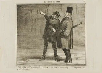 "- Czy widzisz kometę ... tylko tam, na czubku mojego palca ... nie trać z oczu czubka mojego palca!", płytka 5 z La Comète De 1857