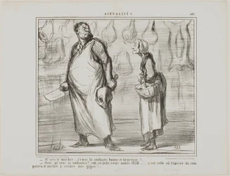 "- Panie rzeźniku, życzę panu szczęśliwego i zdrowego Nowego Roku... - Co To będzie ładny rok, ten 1858... każdy sklep spożywczy za rogiem będzie mógł sprzedać moją baraninę!..", płyta 481 z Actualités.