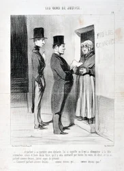 Grafika: Honore Daumier (1808-1879). Charivari pochodzi z 1845 roku: Serie LES PEANS DE JUSTICE „” -... i przemawiając w jego drzwiach tak zadeklarowany, miał na myśli, że musi przestrzegać wspomnianego podsumowania, w przeciwnym razie i zaniechania tego b
