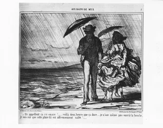 Na kąpielach morskich: Paryżanie nad morzem w strugach deszczu - wg Daumiera, w „Charivari” z 19.09.1859.