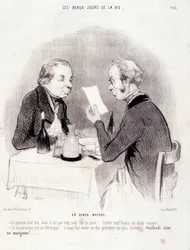 Kreskówka o drogim życiu. Seria „Piękne dni życia”: chudy obiad...” Grawer Honore DAUMIER (1808-1879). Wyciąg z gazety „Le Charivari” z 18 października