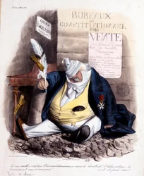 Karykatura Daumiera o dr Louis Desire Veron i gazecie „”Le Constitutionnel”, b.d. c. 1840.