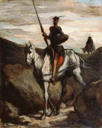 „Don Kichot w górach” (Don Kichot w górach) Obraz Honore Daumier (1808-1879) ok. 1850 r. - Olej na drewnie Wymiary 39,6x31,2 cm Bridgestone Museum of Art