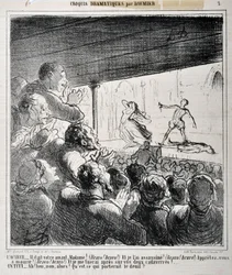Skecz dramatyczny: "On był twoim kochankiem Madame..." Rycina autorstwa Honore Daumier (1808-1879) w "Le Charivari". Palais Longchamp, Musee des Beaux Arts de Marseille.