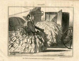 Le Charivari, Satyryczne w B & B, ca. 1855_5_11: Nowości n* 190. Panie półświatka, ale nie spódnic. - Moda, Transport, Krynoliny - Ilustracja kobiet autorstwa Honore Daumier (1808-1879)