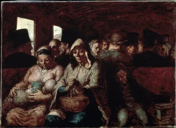 „Wagon trzeciej klasy” (Wagon trzeciej klasy). Dwie matki pochodzące z ludu w pociągu ze swoimi dziećmi. Obraz Honoré Daumiera (1808-1879), 1862-1864, Muzeum Sztuk Pięknych, Ottawa, Kanada