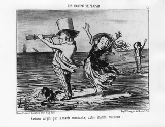 Pociągi dla przyjemności: Paryżanie zaskoczeni przypływem; inne morskie emocje - autorstwa Daumiera „Les chemins de fer”, w „Charivari” z 18.09.1852.