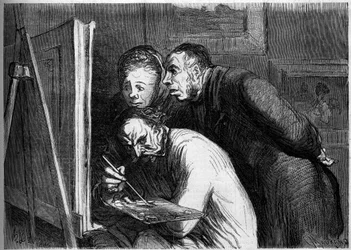 Malarze i mieszczanie. Karykatura Honore Daumiera (1808-1879). Grawer w „”Le Monde Illustré””n°262 z 19 kwietnia 1862 r.