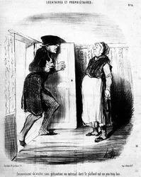 Niewygodne do odwiedzenia, bez ostrożności, antresolę, której sufit jest trochę za niski, zaczerpnięty z serialu animowanego „Tenants et Owners” Honore Daumiera (1808-1879). „Charivari”