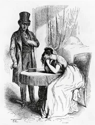 Kobieta pogrążona w rozpaczy pod spojrzeniem mężczyzny, ilustracja z Ferragusa Honore de Balzaca (1799-1850), wydanie francuskie