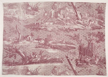 Fragment bawełnianej drukowanej miedziorytowanej ze wzorem scen myśliwskich, ok. 1930 r. 1815.