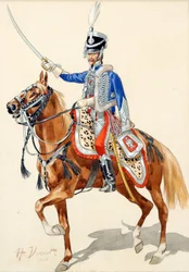Hussard russe levant son saber - Huzar rosyjski podnoszący szablę do Verneta, Horacy (1789-1863), - Akwarela i tusz na papierze, 30x21 - Kolekcja prywatna