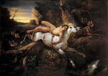Mazeppa, ilustracja do poematu lorda Byrona lub Victora Hugo: bohater Mazeppa po obrażeniu szlachcica zostaje przywiązany do dzikiego konia. Obraz Émile