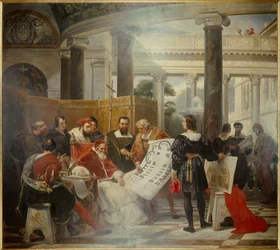 Papieża Juliusza II, zlecającego dzieło Watykanu i Bazyliki św. Piotra w Rzymie (św. Piotra) w otoczeniu Michała Anioła (Michelangelo, Michelangelo lub Michelangelo), Bramantego i Rafaela (Raffaello Sanzio). Obraz Emile Jean Horace Vernet
