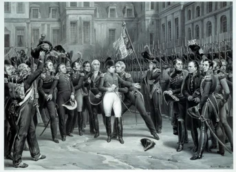 Pożegnanie Napoleona Bonaparte (1769-1821) z gwardią cesarską na dziedzińcu Cheval Blanc w Fontainebleau 20.04.1814 Rycina Emile Vernet dit Horace Vernet (1789-1863) 1814 Paryż, B.N.
