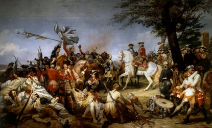 Wojna o sukcesję Austrii (1740-1748): „” Bitwa pod Fontenoy 11.05.1745; Marechal Saksonii podarował Ludwikowi XV jeńców i flagi angielskie””” Obraz Emile Horace Vernet (1789-1863) 1828 Nd. 5,1x9,75 m²