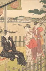 Grupa w herbaciarni nad brzegiem rzeki Sumida, ca. 1790.