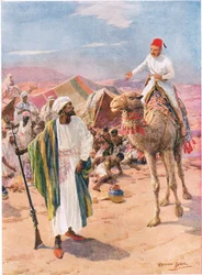 „Sam i nieuzbrojony Gordon wjechał do obozu łowców niewolników”, ilustracja z „Brave Deeds By Brave Men” C. Sheridana Jonesa, wyd. 1922 (lito)