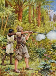 Crusoe i Piętaszek strzelają do dzikusów, ilustracja do „Robinsona Crusoe” Daniela Defoe (1660-1731)