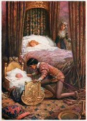 „Pochylił się, by pocałować małe dziecko”, z włoskich bajek, autorstwa Lilia E. Romano, opublikowanych przez Raphael Tuck & Sons (kolor litho)