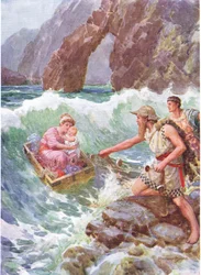 „Narysował ją i dziecko bezpieczne na półce skalnej”, ilustracja do „Jak Perseusz i jego matka przybyli na Serifos”, z „Bohaterów greckich bajek”, autorstwa Charlesa Kingsleya (1819-75) (kolor litho)
