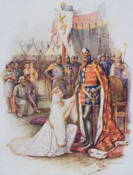 Królowa Filipa wstawia się za obywatelami Calais, ilustracja z „Opowieści o królewskich dzieciach z historii angielskiej”, autorstwa Doris Ashley, wydanej przez Raphaela Tucka