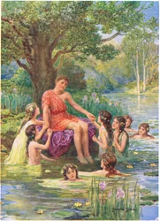 „Nimfy wodne podeszły, aby na niego spojrzeć i pokochały go”, ilustracja do „Jak Argonauci przypłynęli do Kolchidy”, z książki „Bohaterowie greckich bajek”, autorstwa Charlesa Kingsleya (1819-75) (kolor litho)