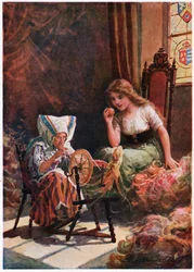 „Tysiące motków najdelikatniejszego jedwabiu”, z włoskich bajek, autorstwa Lilia E. Romano, wydane przez Raphael Tuck & Sons (kolor litho)