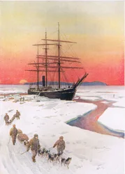 „Unloading the Terra Nova in McMurdo Sound”, ilustracja z „Brave Deeds by Brave Men” C. Sheridana Jonesa, wyd. 1922 (lito)