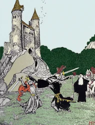 Bitwa króla Artura z czarnym rycerzem w obecności czarodzieja Merlina. Ilustracja Howarda Pyle